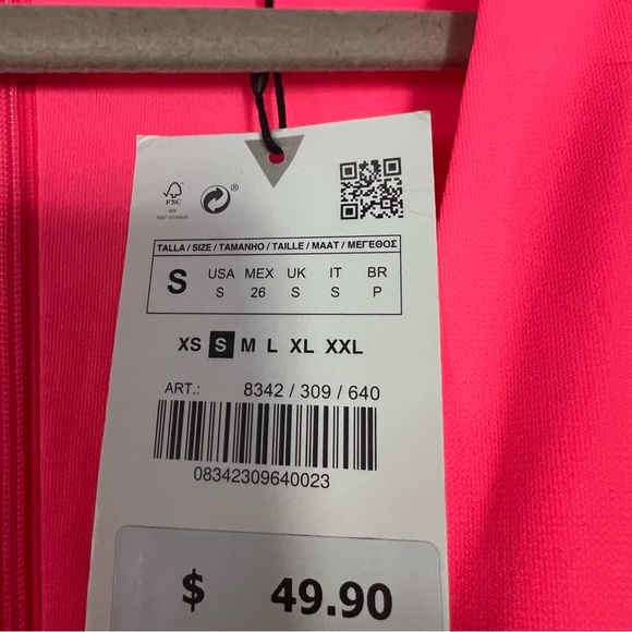 NWT ZARA Stretchy knotted Dress NEOn pink Long sleeves shoulder pads Zipper - Picture 12 of 16